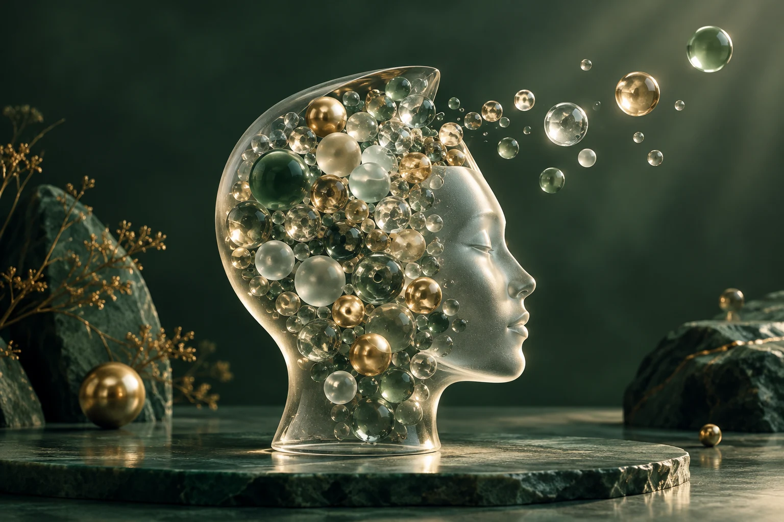 Szklana głowa pełna kul jako metafora przeciążenia psychicznego